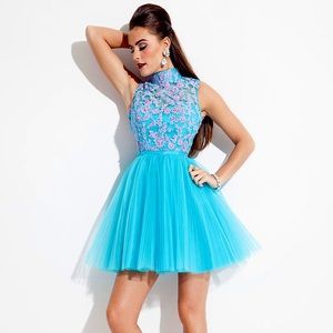 Tiffany blue and pink Rachel Allan short prom dress, style 6628